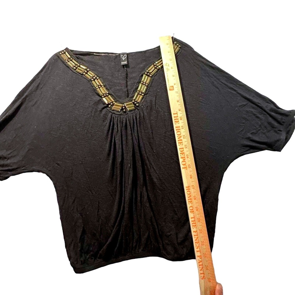Black Dolman Sleeve V‎ Neck Beaded Embellished Top Shirt